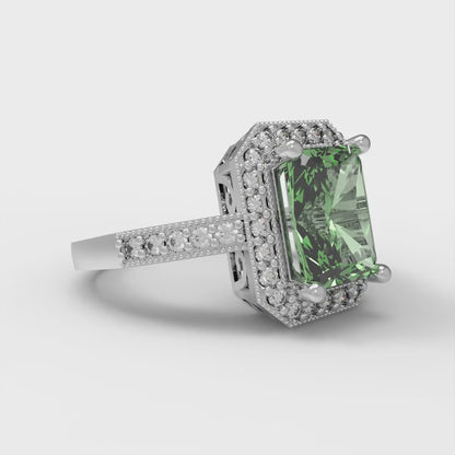 2.78 cttw Zirconia Simulated Green Diamond Hidden Halo Engagement Ring - Solid Gold (VVS1, Emerald Cut,8.5x6.5mm)