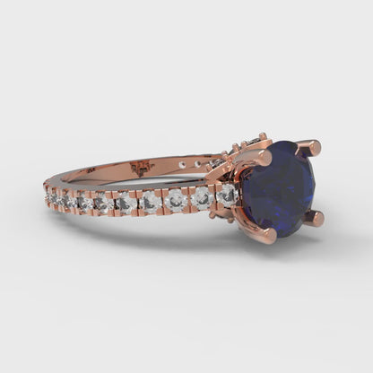 1.465 cttw Simulated Blue Sapphire Solitaire with Zirconia Simulated Diamond Accents Engagement Ring - Solid Gold (Round Cut,6.5mm)