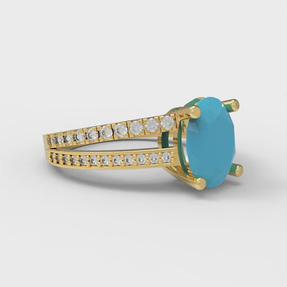 2.32 cttw Simulated Turquoise Solitaire with Zirconia Simulated Diamond Accents Engagement Ring - Solid Gold (Oval Cut,9X7mm)