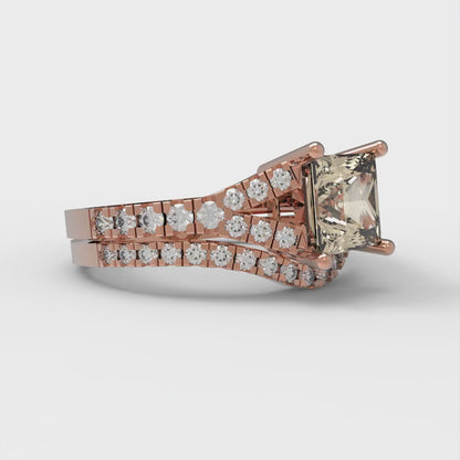 3.4 cttw Princess Cut Natural Morganite Bridal Set - Solid Rose Gold Engagement Ring & Wedding Band