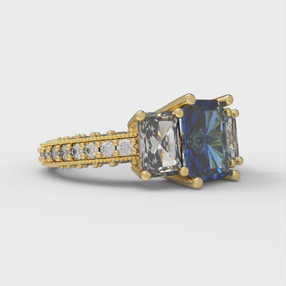 3.61 cttw Simulated Tanzanite Three-Stone Engagement Ring - Solid Yellow Gold (VVS1, Emerald Cut,8x6mm)