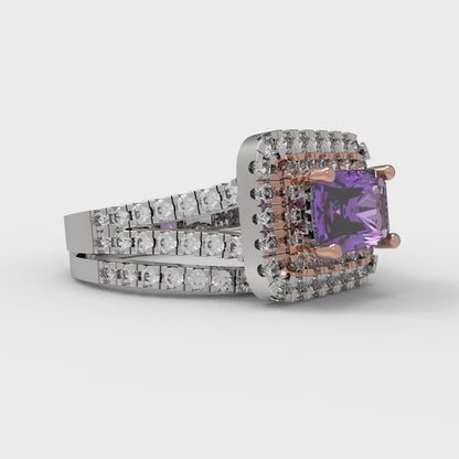 3.05 cttw Emerald Cut Simulated Alexandrite Bridal Set - Solid White/Rose Gold Engagement Ring & Wedding Band