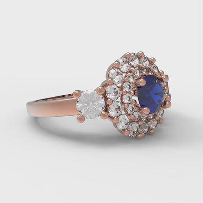 1.4 cttw Simulated Blue Sapphire Hidden Halo Engagement Ring - Solid Rose Gold (VVS1, Round Cut,5.0mm)