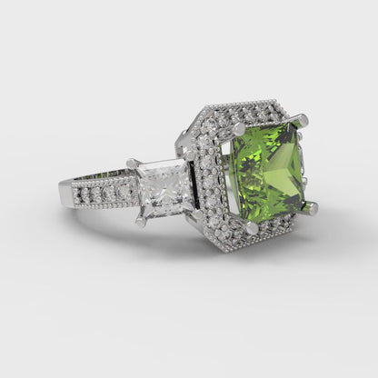 3.005 cttw Natural Peridot Three-Stone Engagement Ring - Solid White Gold (VVS1, Princess Cut,7.0mm)