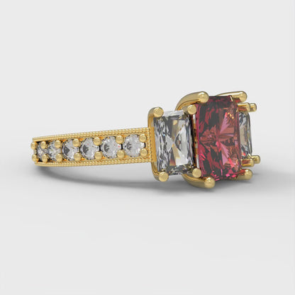 1.88 cttw Simulated Pink Tourmaline Three-Stone Engagement Ring - Solid Yellow Gold (VVS1, Emerald Cut,7x5mm)