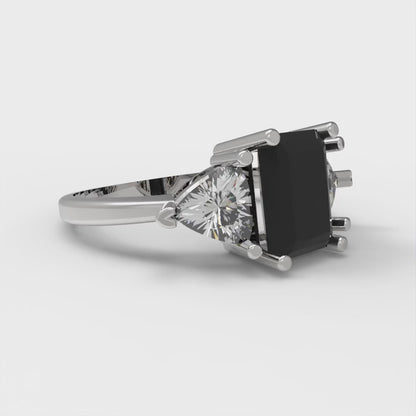 2.82 cttw Natural Onyx Three-Stone Engagement Ring - Solid White Gold (VVS1, Emerald Cut,8x6mm)