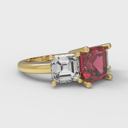 4 cttw Simulated Pink Tourmaline Three-Stone Engagement Ring - Solid Gold (Square Emerald Cut,7.0X7.0mm)
