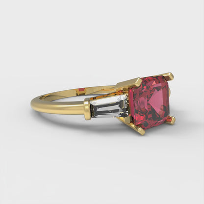 1.62 cttw Simulated Ruby Three-Stone Engagement Ring - Solid Yellow Gold (VVS1, Square Emerald Cut,6.5X6.5mm)