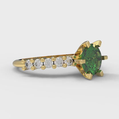 1.05 cttw Simulated Emerald Solitaire with Zirconia Simulated Diamond Accents Engagement Ring - Solid Gold (Round Cut,6.0mm)