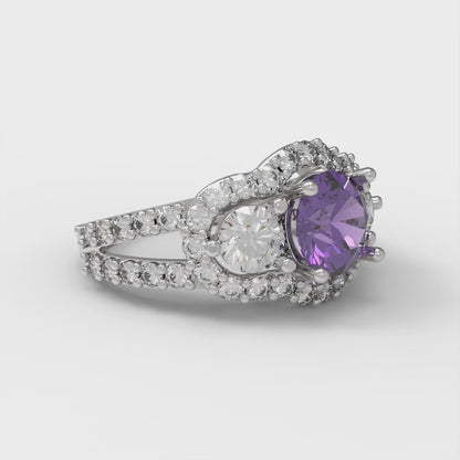 2.16 cttw Natural Amethyst Three-Stone Engagement Ring - Solid White Gold (VVS1, Round Cut,6.5mm)