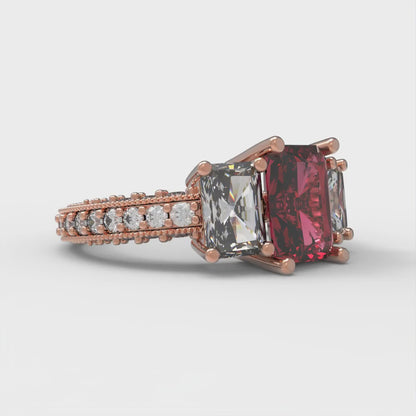 3.61 cttw Natural Garnet Three-Stone Engagement Ring - Solid Gold (Emerald Cut,8x6mm)