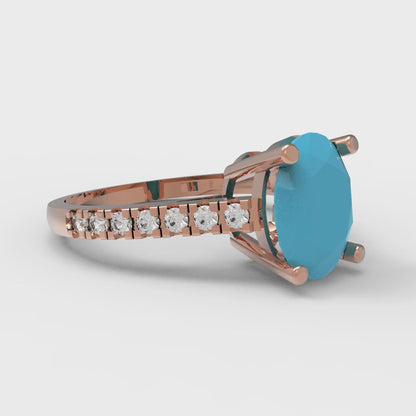 2.21 cttw Simulated Turquoise Solitaire with Zirconia Simulated Diamond Accents Engagement Ring - Solid Gold (Oval Cut,9X7mm)