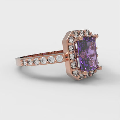 2.16 cttw Emerald Cut Simulated Alexandrite Bridal Set - Solid Rose Gold Engagement Ring & Wedding Band