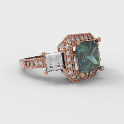 3.005 cttw Blue Moissanite Three-Stone Engagement Ring - Solid Rose Gold (VVS1, Princess Cut,7.0mm)