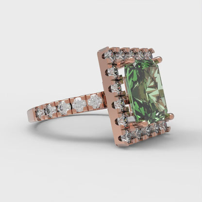 3.84 cttw Zirconia Simulated Green Diamond Solitaire with Zirconia Simulated Diamond Accents Engagement Ring - Solid Rose Gold (VVS1, Emerald Cut,9x7mm)