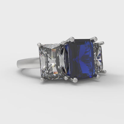 4 cttw Simulated Blue Sapphire Three-Stone Engagement Ring - Solid Gold (Emerald Cut,8x6mm)