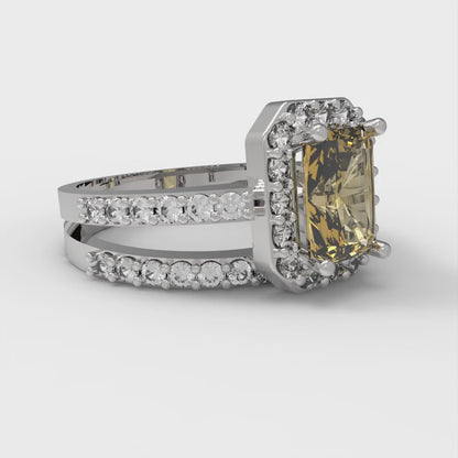 1.92 cttw Zirconia Simulated Yellow Diamond Solitaire with Zirconia Simulated Diamond Accents Engagement Ring - Solid Gold (VVS1, Emerald Cut,7.5X5.5mm)