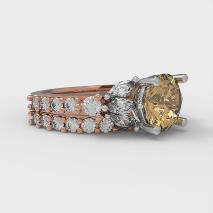 2.94 cttw Round Cut Simulated Champagne Diamond Bridal Set - Solid Rose/White Gold Engagement Ring & Wedding Band