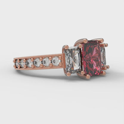 1.88 cttw Simulated Ruby Three-Stone Engagement Ring - Solid Rose Gold (VVS1, Emerald Cut,7x5mm)