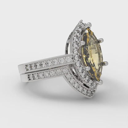2.4875 cttw Marquise Cut Simulated Yellow Diamond Bridal Set - Solid White Gold Engagement Ring & Wedding Band