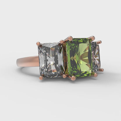 4 cttw Natural Peridot Three-Stone Engagement Ring - Solid Gold (Emerald Cut,8x6mm)