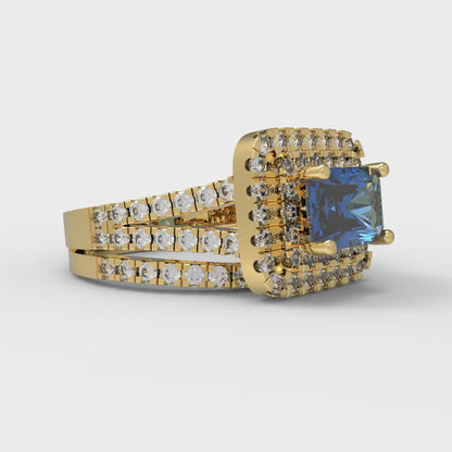 3.05 cttw Emerald Cut Simulated Tanzanite Bridal Set - Solid Yellow Gold Engagement Ring & Wedding Band