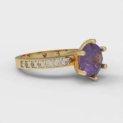 1.71 cttw Natural Amethyst Solitaire with Zirconia Simulated Diamond Accents Engagement Ring - Solid Gold (Round Cut,7.5mm)