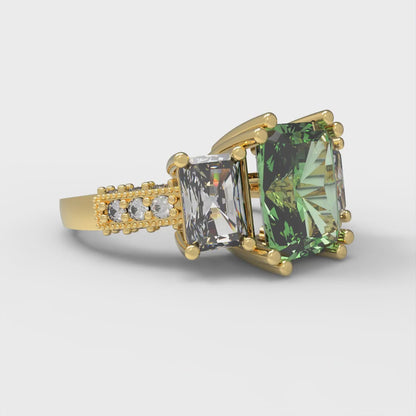 4.27 cttw Zirconia Simulated Green Diamond Three-Stone Engagement Ring - Solid Gold (VVS1, Emerald Cut,9x7mm)