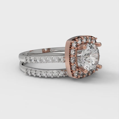 1.495 cttw Round Cut White Sapphire Bridal Set - Solid White/Rose Gold Engagement Ring & Wedding Band