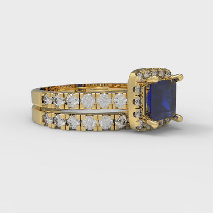 1.56 cttw Princess Cut Simulated Blue Sapphire Bridal Set - Solid Yellow Gold Engagement Ring & Wedding Band