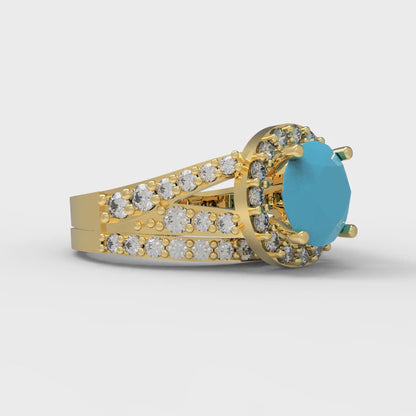 2.32 cttw Round Cut Simulated Turquoise Bridal Set - Solid Yellow Gold Engagement Ring & Wedding Band