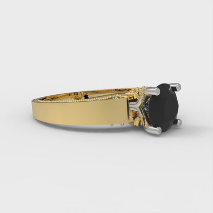 1.06 cttw Natural Onyx Solitaire  Engagement Ring - Solid Yellow/White Gold (VVS1, Round Cut,6.5mm)