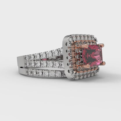 3.05 cttw Emerald Cut Simulated Pink Tourmaline Bridal Set - Solid White/Rose Gold Engagement Ring & Wedding Band