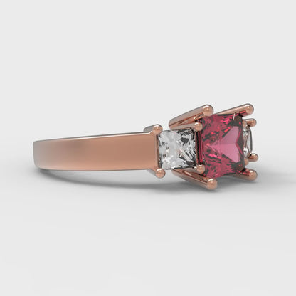 1.11 cttw Simulated Pink Tourmaline Three-Stone Engagement Ring - Solid Rose Gold (VVS1, Princess Cut,5.0mm)
