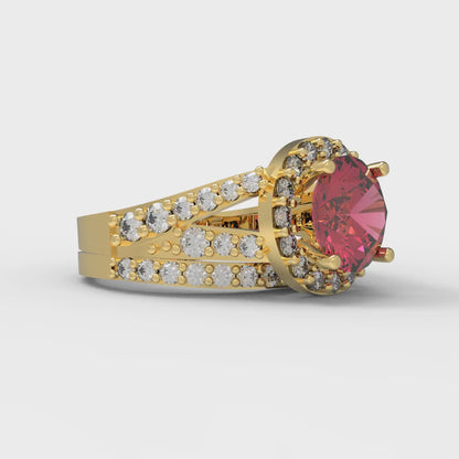 2.32 cttw Round Cut Simulated Pink Tourmaline Bridal Set - Solid Yellow Gold Engagement Ring & Wedding Band