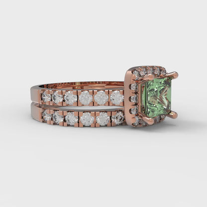 1.56 cttw Princess Cut Simulated Green Diamond Bridal Set - Solid Rose Gold Engagement Ring & Wedding Band