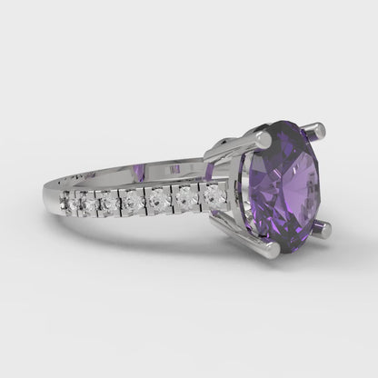 2.21 cttw Natural Amethyst Solitaire with Zirconia Simulated Diamond Accents Engagement Ring - Solid Gold (Oval Cut,9X7mm)