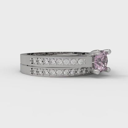 0.86 cttw Round Cut Simulated Pink Diamond Bridal Set - Solid White Gold Engagement Ring & Wedding Band