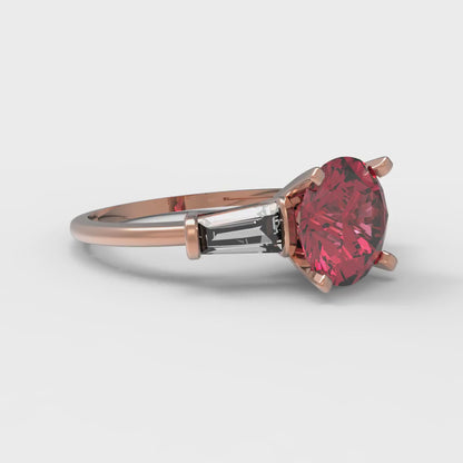 2 cttw Simulated Ruby Three-Stone Engagement Ring - Solid Rose Gold (VVS1, Round Cut,7.5mm)