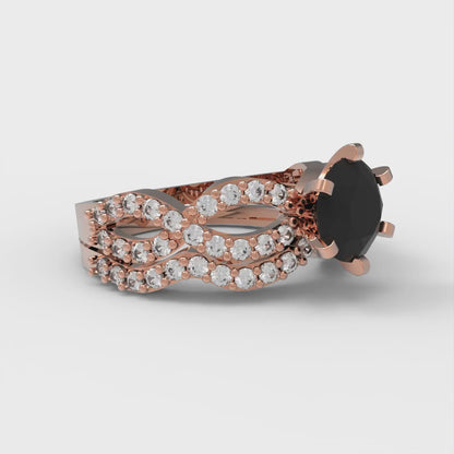 1.57 cttw Round Cut Natural Onyx Bridal Set - Solid Rose Gold Engagement Ring & Wedding Band