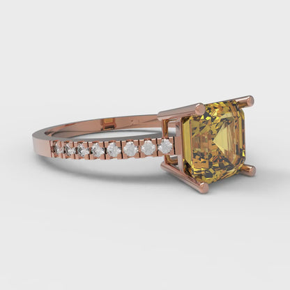 2.7 cttw Natural Citrine Solitaire with Zirconia Simulated Diamond Accents Engagement Ring - Solid Gold (Asscher Cut,6.5mm)