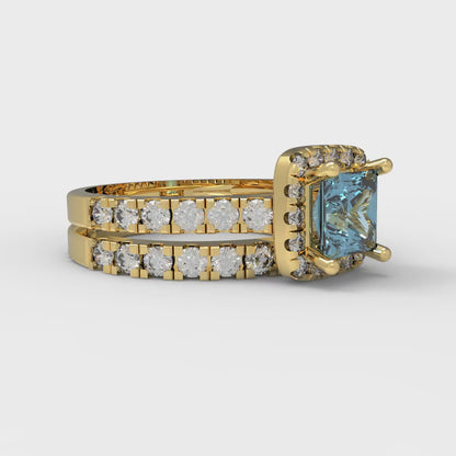 1.56 cttw Princess Cut Natural Sky Blue Topaz Bridal Set - Solid Yellow Gold Engagement Ring & Wedding Band