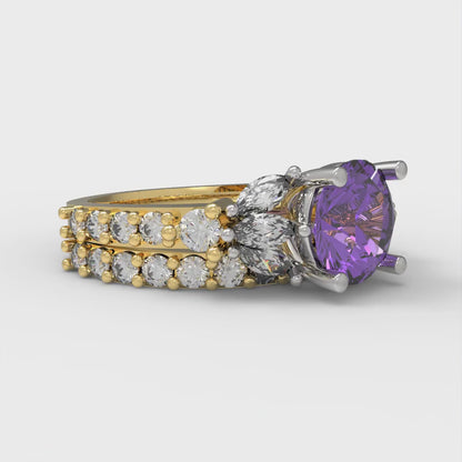 2.94 cttw Round Cut Simulated Alexandrite Bridal Set - Solid Yellow/White Gold Engagement Ring & Wedding Band