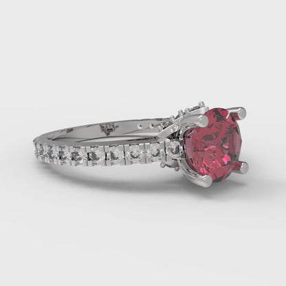 1.465 cttw Simulated Ruby Solitaire with Zirconia Simulated Diamond Accents Engagement Ring - Solid White Gold (VVS1, Round Cut,6.5mm)