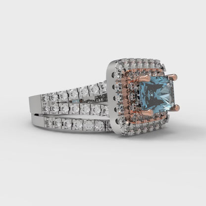 3.05 cttw Emerald Cut Simulated Blue Diamond Bridal Set - Solid White/Rose Gold Engagement Ring & Wedding Band