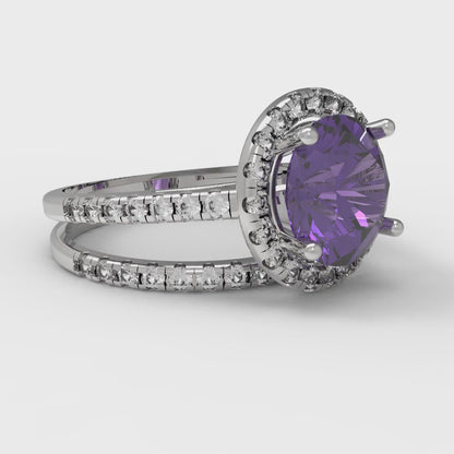2.52 cttw Round Cut Natural Amethyst Bridal Set - Solid White Gold Engagement Ring & Wedding Band
