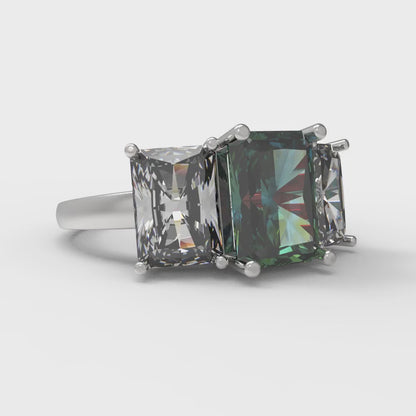 4 cttw Blue Moissanite Three-Stone Engagement Ring - Solid Gold (Emerald Cut,8x6mm)