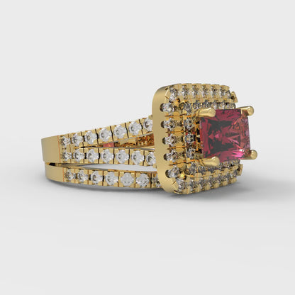 3.05 cttw Emerald Cut Natural Garnet Bridal Set - Solid Yellow Gold Engagement Ring & Wedding Band