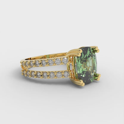 3.48 cttw Zirconia Simulated Green Diamond Solitaire with Zirconia Simulated Diamond Accents Engagement Ring - Solid Gold (VVS1, Long Cushion Cut,9x7mm)