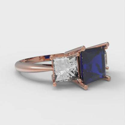 2.5 cttw Simulated Blue Sapphire Three-Stone Engagement Ring - Solid Gold (Princess Cut,6.5 mm)